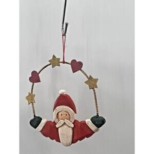 Vintage Christmas Santa Stars Hearts Wooden And Metal Wreath Hanging Ornament